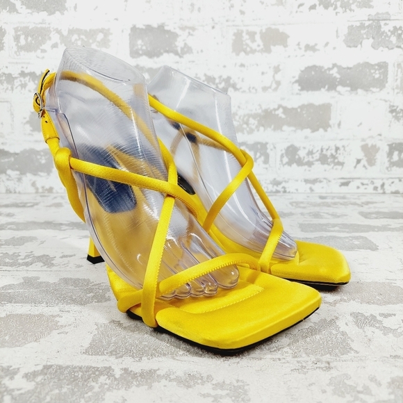 New Proenza Schouler Women Yellow Strappy Square Toe Satin Sandal H715 - Picture 4 of 13
